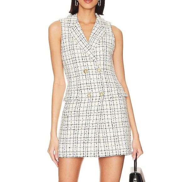Alice + Olivia Jordy Double Breast Tweed Tuxedo Dress White Black Gold 6 - Picture 1 of 7